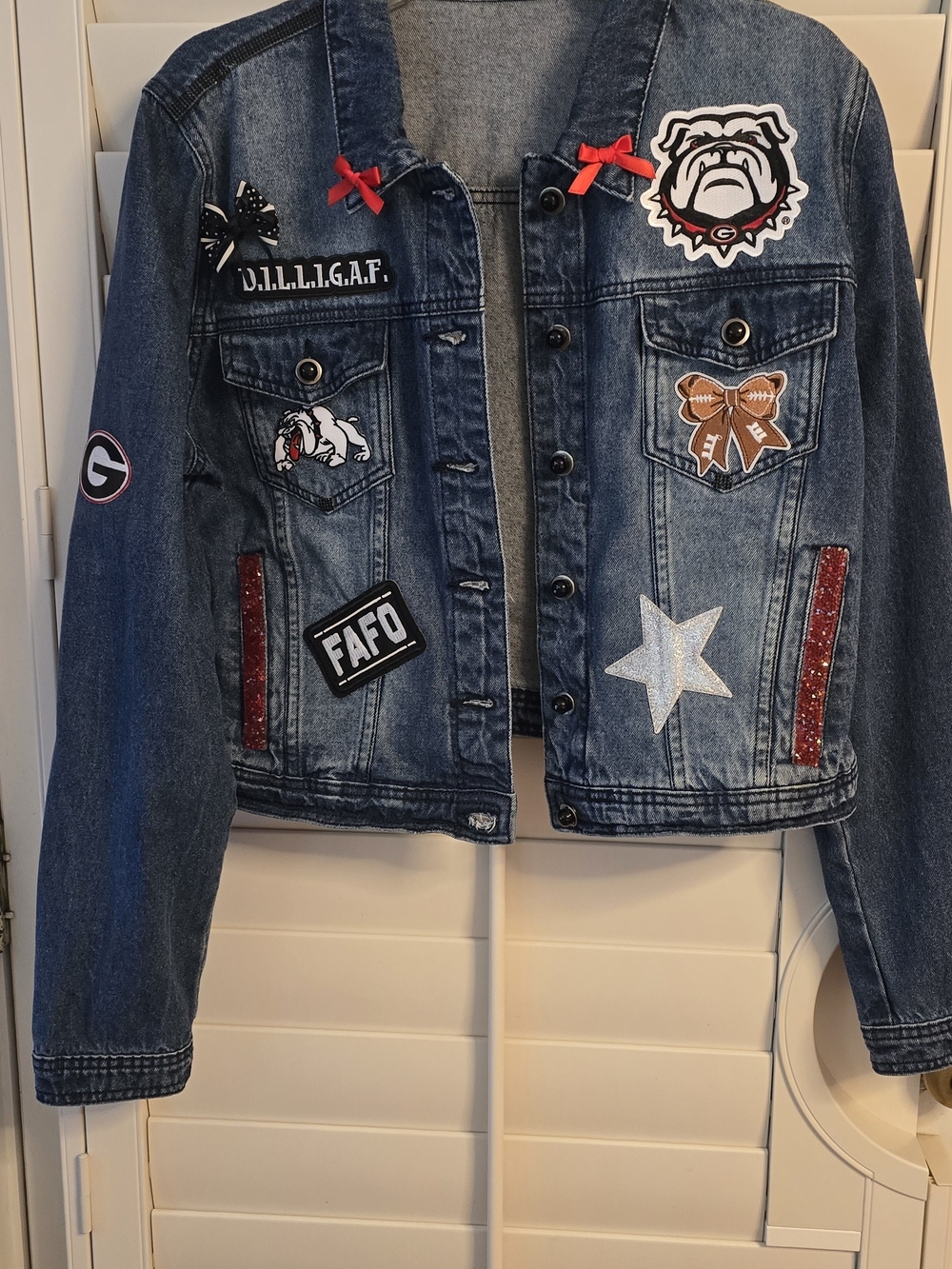 Georgia Bulldog Embellished Blue Denim Jean Jacket with Patchwork Accents